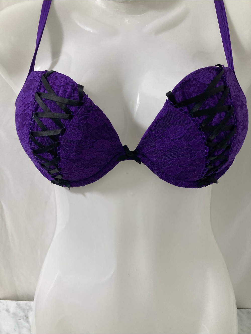 Senza Perfectly Me Purple Lace Push-Up Bra 32DD Black Ribbon